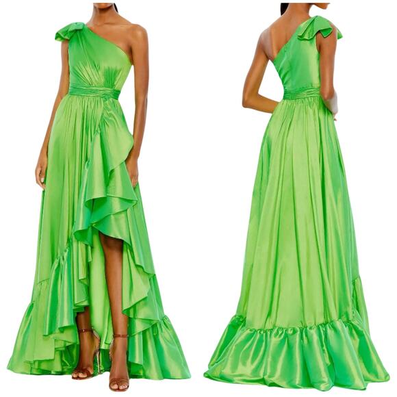 Mac Duggal NWT Green Bow One Shoulder Ruffle Asymmetrical Hem Gown Size 20 - Picture 1 of 10